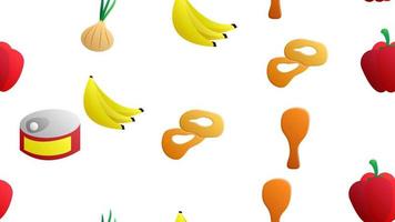 Endless white seamless pattern of delicious food and snack items icons set for restaurant bar cafe banana, canned food, onion, pepper, onion rings, chicken leg. The background vector