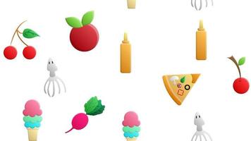 Endless white seamless pattern from a set of icons of delicious food and snacks items for a restaurant bar cafe ice cream, cherry, berry, radish, squid, syrup, pizza. The background vector