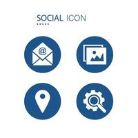 Symbol of Email, Image, Location pointer pin and Search and Setting icons. 2 icons on blue circle shape isolated on white background. Icons about social vector illustration.