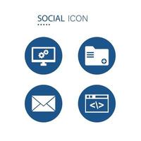 símbolo de la configuración de la computadora, agregar iconos de carpeta, sobre y programación en forma de círculo azul aislado en fondo blanco. iconos sobre ilustración de vector social.