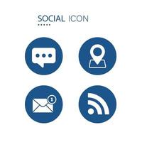 Symbol of Chat, Location pointer, Email message and Wifi icons on blue circle shape isolated on white background. Icons about social vector illustration.