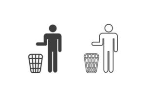 Trash Bin and human vector illustration glyph style design with 2 style icons black and white. Isolated on white background.