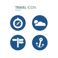 símbolo de brújula, nube y sol, señales de tráfico e iconos de anclaje en forma de círculo azul aislado en fondo blanco. ilustración vectorial de iconos de viaje. vector