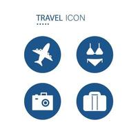 símbolo de iconos de avión, bikini, cámara y equipaje de mano en forma de círculo azul aislado en fondo blanco. ilustración vectorial de iconos de viaje. vector