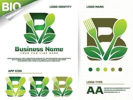 diseño de logotipo de letra b de alimentos saludables con hoja verde creativa vector