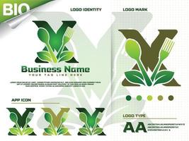 Healthy food letter X logo design with creative green leaf vector