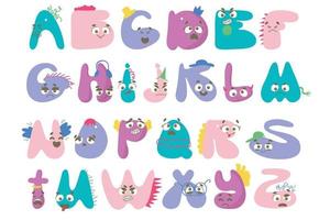 Cute hand drawn alphabet with eyes and lashes. Doodle letters with emotions. Kawaii bubble font with funny smiling faces. Funny abc design for book cover, poster, card, print on baby's clothes vector
