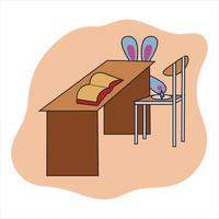 Bunny puts a pushpin on a chair in a school classroom. Vector illustration.