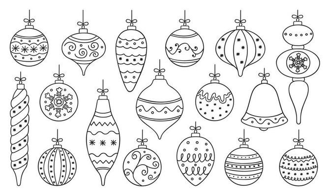 Hand drawn set of christmas balls doodle. New Year decoration in sketch style. Vector illustration isolated on white background