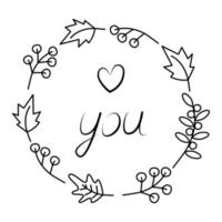 Love you. Hand drawn text with heart shape in minimalist style. Line art. Calligraphic design. vector