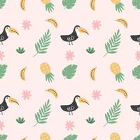 African bird with large beak. Toucan and tropical leaves. Seamless pattern in nursery. Printing on fabric and wrapping paper. Children's print. vector