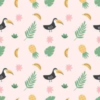 African bird with large beak. Toucan and tropical leaves. Seamless pattern in nursery. Printing on fabric and wrapping paper. Children's print. vector