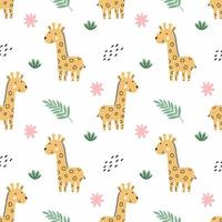 Cute giraffe . Green tropical branch. Seamless pattern for sewing children's clothing. African background in nursery. Jungles. Printing on fabric and packaging. vector