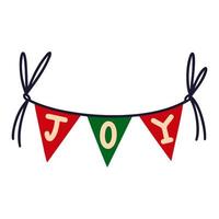 Festive garland vector icon. Bright triangular flags hanging on a ribbon. Banner for Christmas, birthday, holiday. Flat cartoon doodle lettering joy. Simple clipart to decorate cards, posters, prints