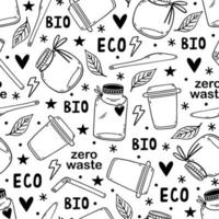 Seamless vector pattern eco friendly tableware. Sustainable home goods - glass jar, wooden cutlery, reusable drink mugs, cocktail straws. Zero waste, no plastic. Background for wallpapers, prints, web