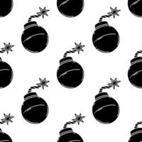 Bombs seamless vector pattern. A round metal grenade with a burning wick. Illustration isolated on white background. Dangerous explosive weapon. Black silhouette of dynamite. For wallpaper, textile