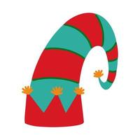 Christmas elf hat vector icon. Traditional bright cap with red and green stripes, golden pompoms. Santa Claus helper headdress. Flat cartoon clipart isolated on white. Illustration for cards, apps