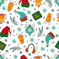 Christmas seamless vector pattern. New Year symbols - bright gifts, jingle bells, snowflakes, toys, hats of elves helpers of Santa Claus. Flat cartoon background for wallpaper, prints, posters, cards