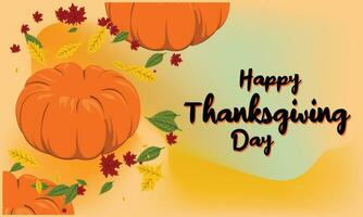 Happy Thanksgiving Day with handrawn lettering, maple, pear, apple, pumpkin in left and gradient mesh background. Editable. For Poster, Banner, Card Invitation, Social Media vector