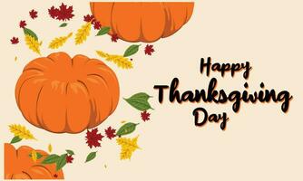 Happy Thanksgiving Day with handrawn lettering, maple, pear, apple, pumpkin in left and gradient mesh background. Editable. For Poster, Banner, Card Invitation, Social Media vector