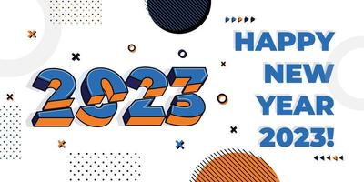 feliz año nuevo 2023 plantilla de vector de saludo, tipografía de moda con patrón geométrico hipster en estilo memphis, número 2023 con efecto de texto en rodajas