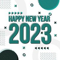 plantilla de tarjeta de felicitación de feliz año nuevo 2023, tipografía de moda con patrón geométrico hipster en estilo memphis, fondo de logotipo 2023, aplicable para banner, calendario, invitación, volante, medios sociales vector