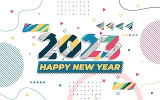 plantilla de tarjeta de felicitación de feliz año nuevo 2023, tipografía de moda con patrón geométrico hipster en estilo memphis, fondo de logotipo 2023, aplicable para banner, calendario, invitación, volante, medios sociales vector