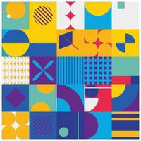 Geometric wallpaper in square orientation. Abstract background with patterns of circles, squares, triangles, and other geometric shapes in bright colors. Editable geometric illustration wallpaper. vector