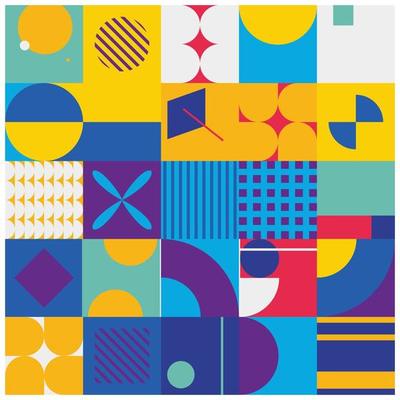 Geometric wallpaper in square orientation. Abstract background with patterns of circles, squares, triangles, and other geometric shapes in bright colors. Editable geometric illustration wallpaper.