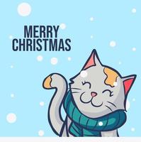 feliz navidad tarjeta de felicitación con fondo azul y nieve con ilustración de gatito vector