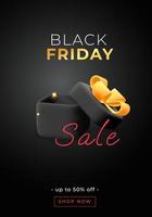 3d vector black open gift box with gold yellow ribbon bow vertical promo banner discount for Black Friday Sale offer design