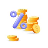 3d vector cartoon render stack of gold dollar coins with percentage symbol, cost rising icon and percent profit interest increase symbol design