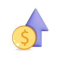 3d vector gold dollar coin with arrow up, cost rising icon and profit interest increase symbol cartoon render design