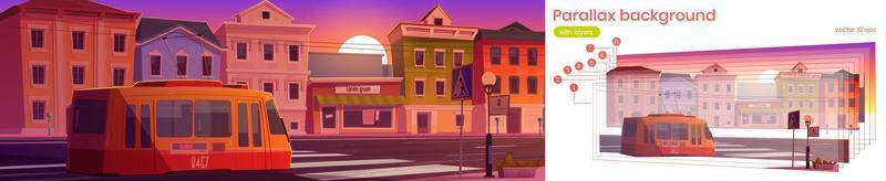 Parallax background with city and tram at sunset vector