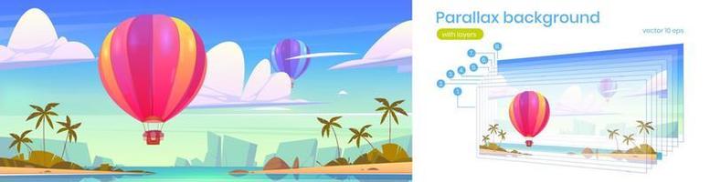 Parallax background with hot air balloons and sea vector