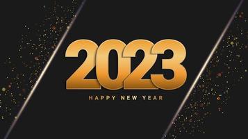 Happy new year 2023 with gold text and sparkling confetti. Banners, cards, posters, holiday background templates. Vector illustration
