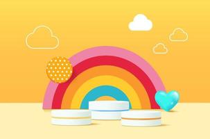 3D background with realistic cylinder pedestal podium. Rainbow backdrop. Minimal scene mockup products, Stage showcase, and Promotion display. Vector geometric forms.