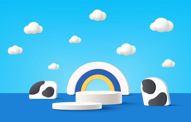 Minimal lovely concept mock-up podium with cloud background 3d render.