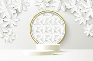 elegante fondo floral cortado en papel blanco con podio de pantalla blanca para maqueta vector