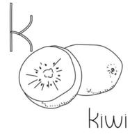 página para colorear abc de frutas y verduras, letra k - kiwi, tarjeta para colorear educada vector