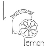 Coloring page fruit and vegetable ABC, Letter L - lemon, educated coloring card vector