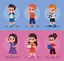 seis pequeños estudiantes niños vector