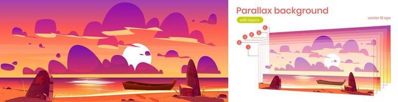 Parallax background, sunset in ocean with boat vector