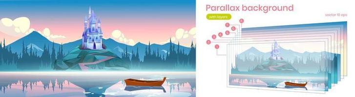 Parallax background with fantasy palace on rock vector