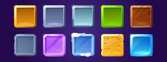 Game ui app icons, square buttons, cartoon menu vector