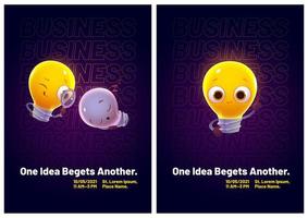 Cartoon flyers with funny light bulbs characters vector