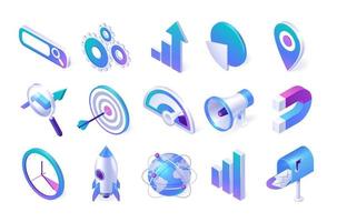 Isometric seo and marketing icons 3d vector set