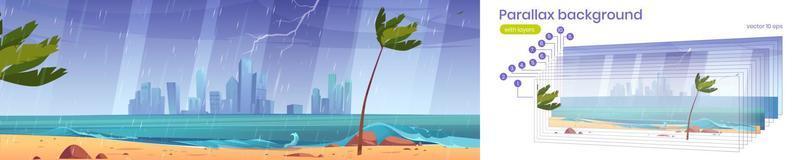 Parallax background with sea beach in rain vector