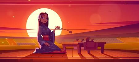 Japanese tea ceremony and girl in kimono at sunset vector