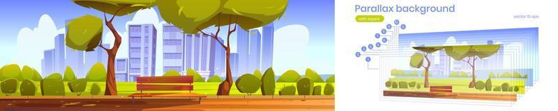 Parallax background city park with bench at day vector